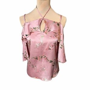Soho Pink Floral Cold Shoulder Blouse Size XS | Satin Halter Keyhole Top